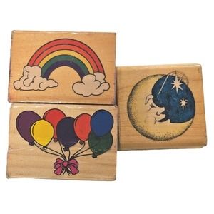 Stamps Balloons Rainbow Clouds Moon Stars Wood Mounted Rubber Vintage 3pc Lot